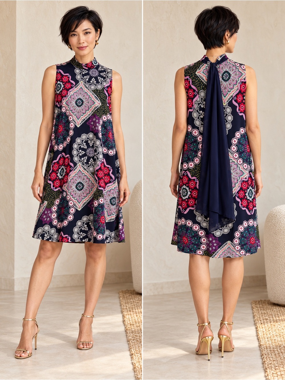 🌸Navy Floral Mosaic Sleeveless Shift Dress Size 1X Bohemian Floral Coastal